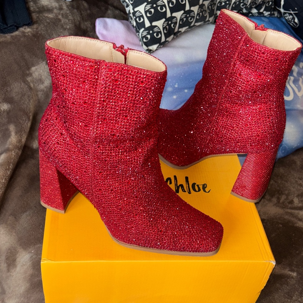 Chase + Chloe Los Angeles Red Rhinestone Heeled Booties